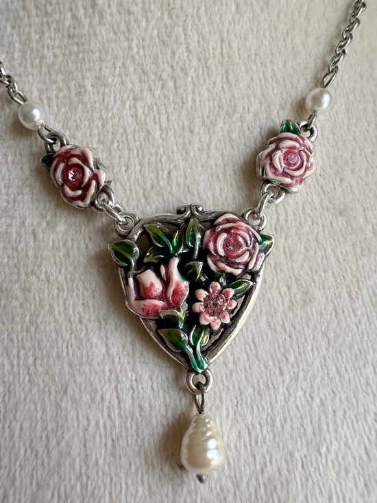 Brighton Jewelry - Brighton Silver-Tone Pink Enamel Rose Necklace with Pearl Drop